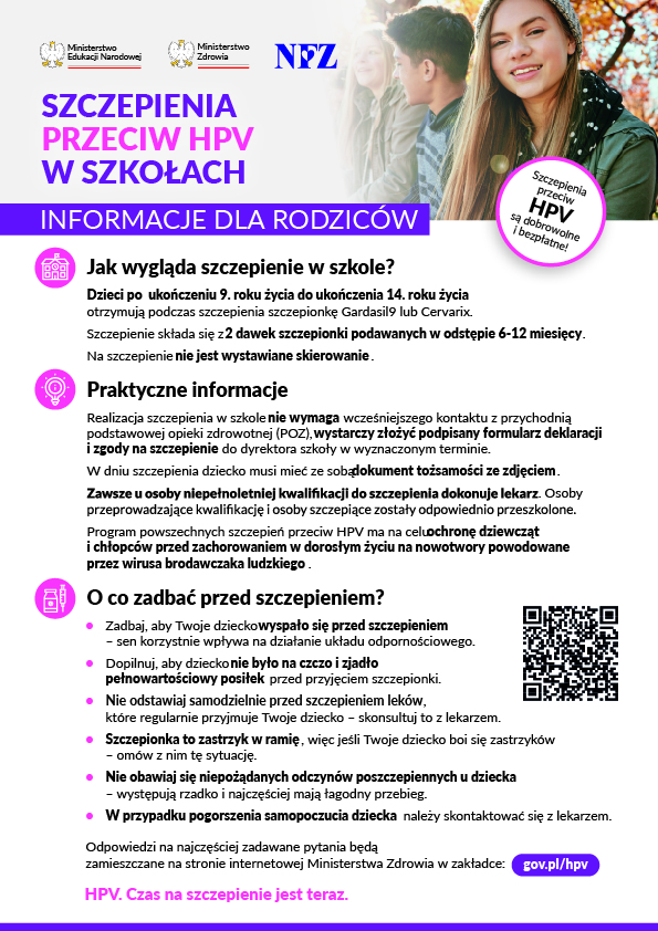 Szczepienia przeciw HPV w szkołach - informacje dla rodziców