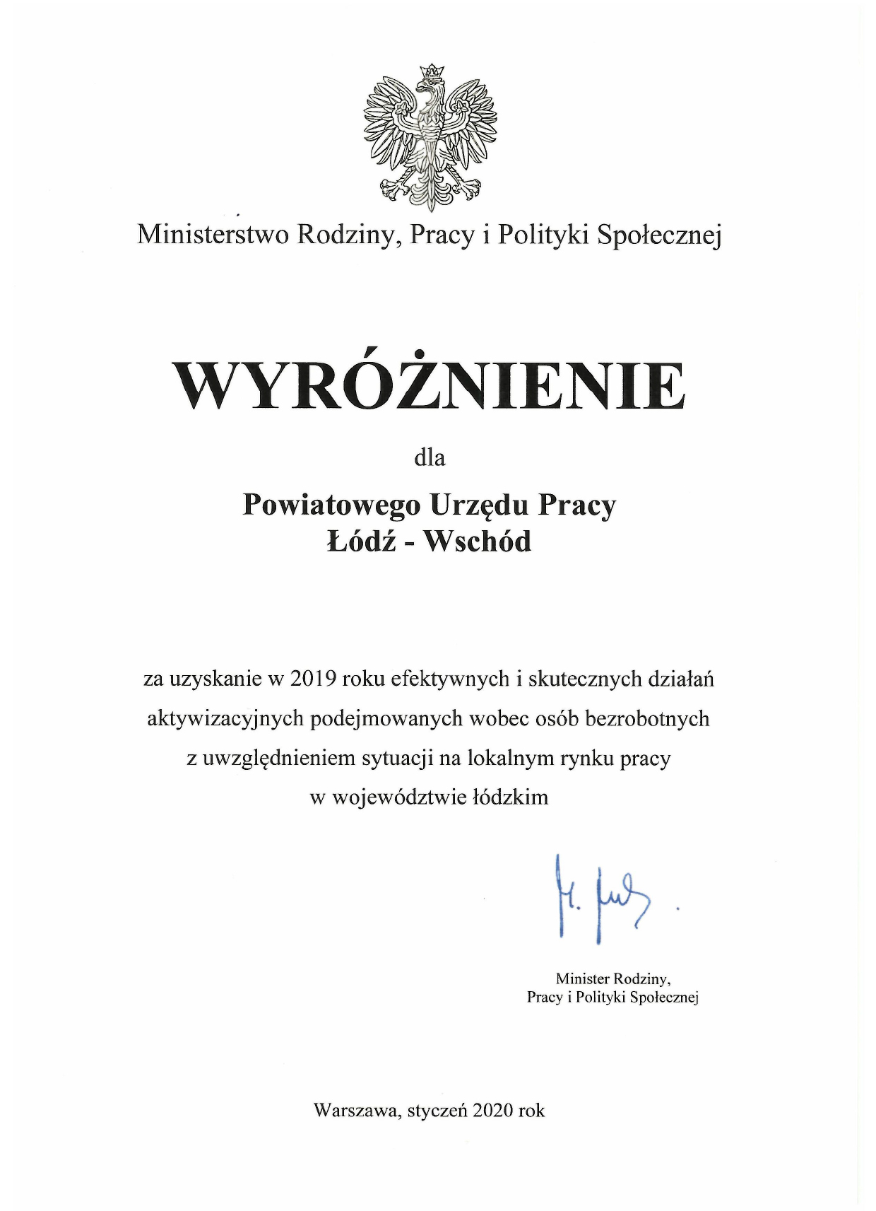 Wyróżnienie dla Powiatowego Urzędu Pracy Łódź - Wschód
