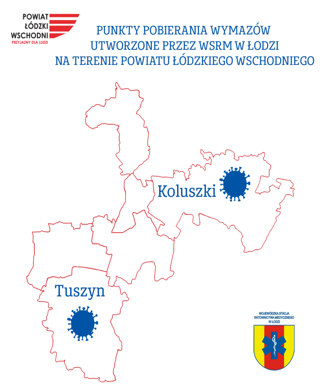 Punkty pobierania wymazów  utworzone przez WSRM w Łodzi na terenie Powiatu Łódzkiego Wschodniego